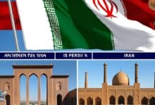 علم إيران ومبانٍ معمارية تاريخية فارسية تمثل العلاقة بين بلاد فارس وإيران.