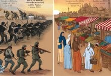 جنود فرس في معركة حربية على اليسار، ومشهد سوق فارسي تقليدي يعج بالحياة على اليمين، يوضحان الانتقال من زمن الصراع إلى زمن الحضارة.